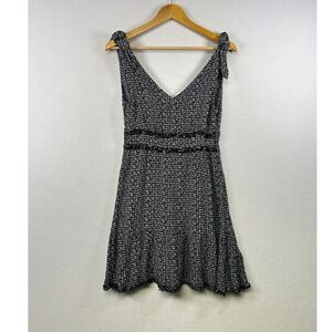 Shines Star Textured V Neck Tie Shoulder Mini Dress Black White Women's Medium